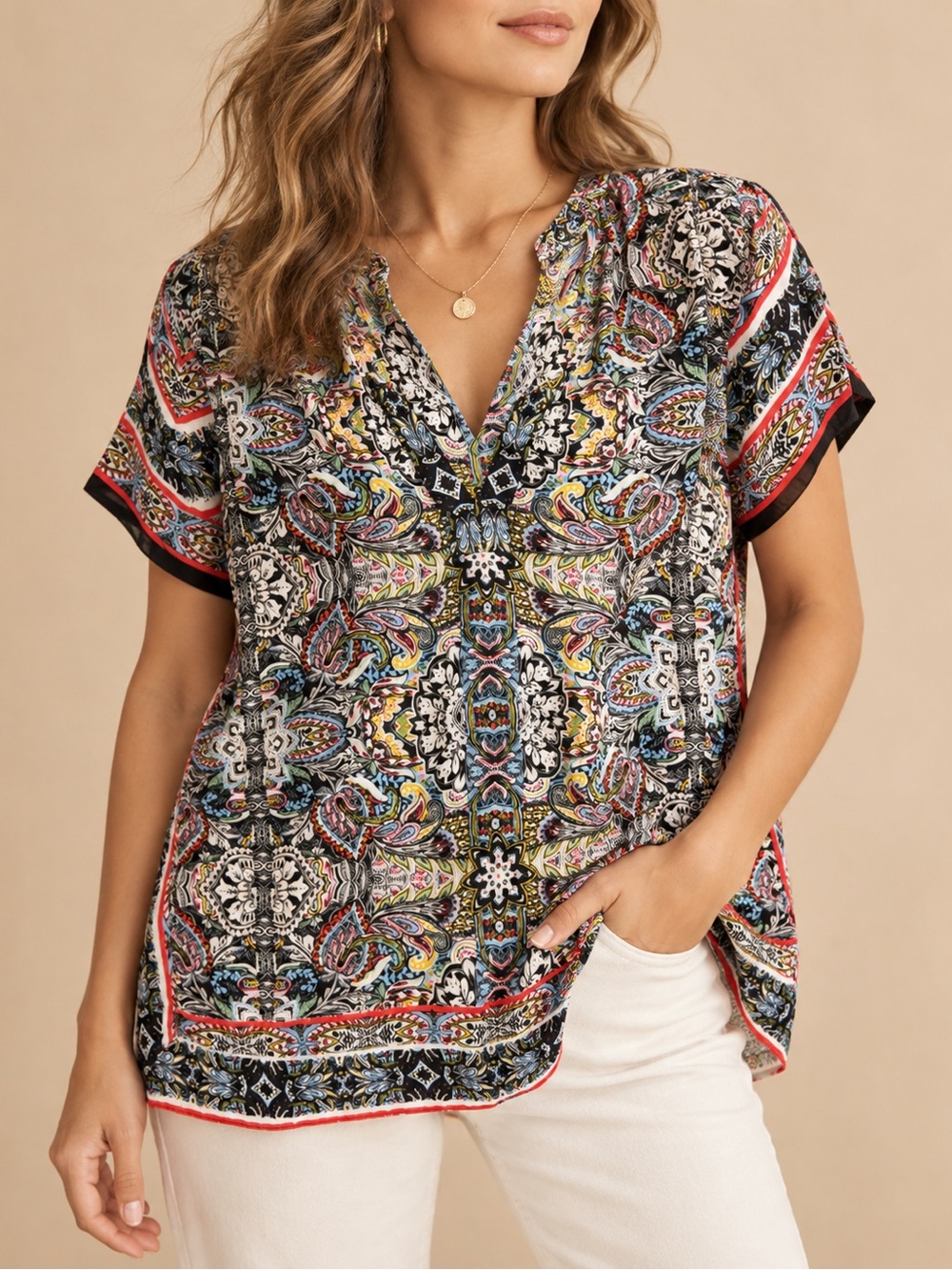 Love Kyla Multicolor Paisley Boho Blouse Large Short Sleeve Tunic Top L